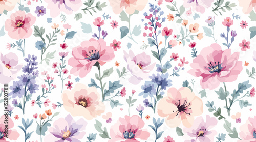 Floral Seamless Pattern Watercolor Flowers Isolated on Transparent Background, Floral Design