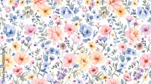 Floral Seamless Pattern Watercolor Flowers Isolated on Transparent Background, Floral Design