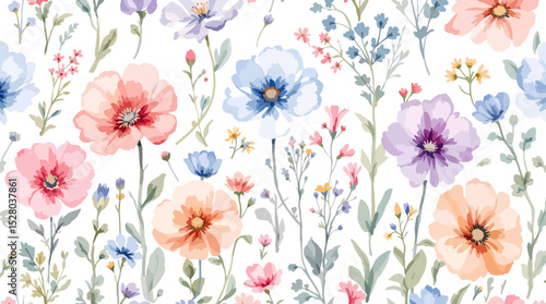 Floral Seamless Pattern Watercolor Flowers Isolated on Transparent Background, Floral Design