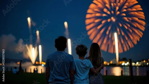 A family stands together on a grassy area at night, watching colorful fireworks bursting over a waterfront cityscape.