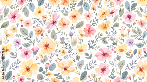 Pastel Floral Seamless Pattern Watercolor Flowers Isolated on Transparent Background, Floral Design, Botanical Illustration, Flowers