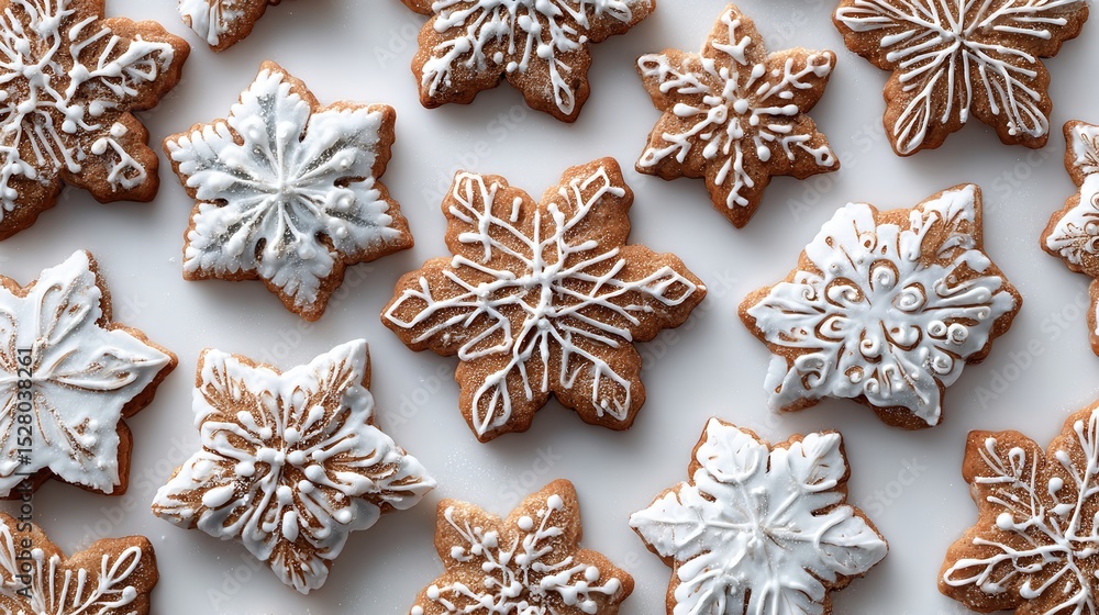 Overhead shot of snowflake shaped gingerbread cookies with white frosting on a white background surface Overhead shot of snowflake shaped gingerbread cookies with white frosting on a white background surface