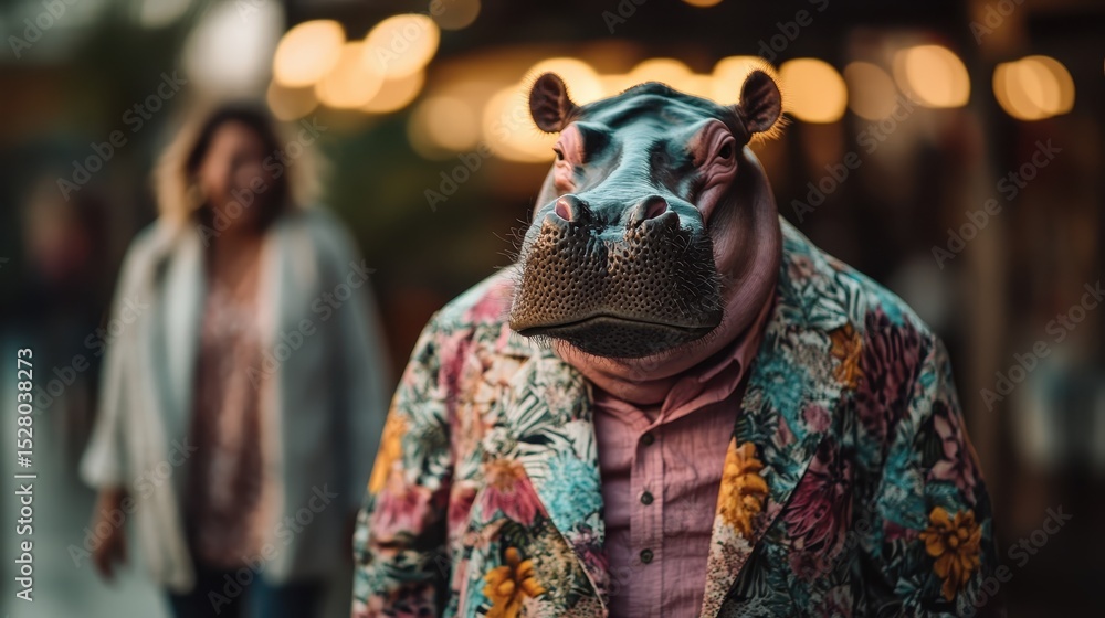 Fototapeta premium An individual wearing a vibrant hippo mask walks through a festive setting, embodying creativity and whimsy amidst glowing lights, showcasing unique artistic expression.