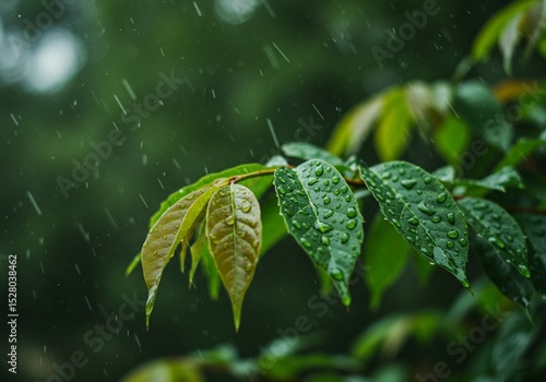 green leaves in the rain