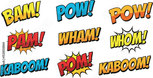 A collection of vibrant comic book effects, like bam, pow, and kaboom, designed to evoke explosive action and dynamic emotions. 