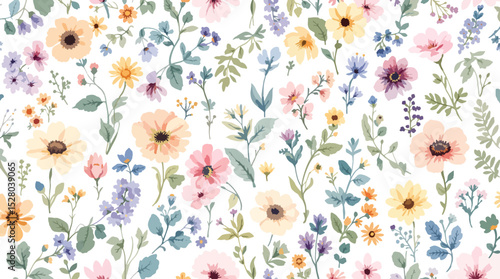 Pastel Floral Seamless Pattern Watercolor Flowers Isolated on Transparent Background, Floral Design, Botanical Illustration, Flowers