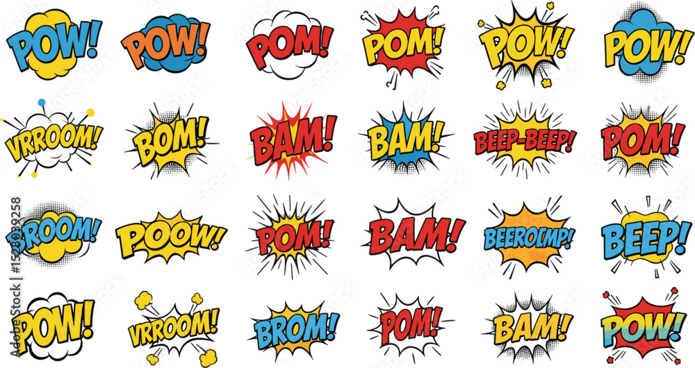Fototapeta premium A vibrant collection of comic speech bubbles featuring classic onomatopoeic expressions like Pow!, Bam!, and Vroom!.