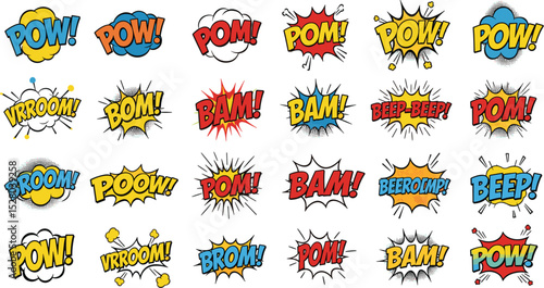 A vibrant collection of comic speech bubbles featuring classic onomatopoeic expressions like Pow!, Bam!, and Vroom!.