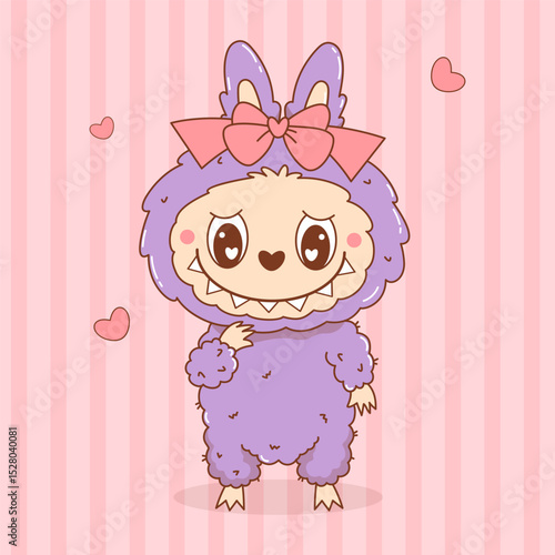 Cute Monster Toy Girl with bow. Romantic Funny kawaii Fluffy Character on Pink Stripe Background. Vector illustration. Kids collection for sticker, mascot and design