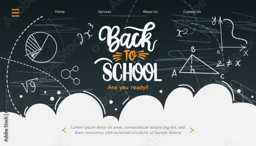 Back to School web banner with mathematical formulas doodles style drawing on black chalkboard. Digital internet tutorials and courses, online education, e-learning. Template for website, landing page