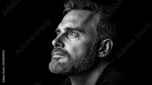 Bearded man in black looking sideways