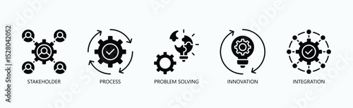 Mastering Business Excellence Icon Set Isolated Vector With Icon Of Stakeholder, Process, Problem Solving, Innovation, Integration In Glyph Style