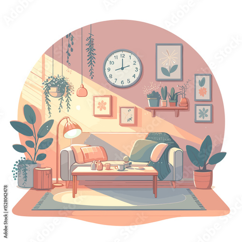 Wall clock in a cozy living room with warm colors and a sunny atmosphere