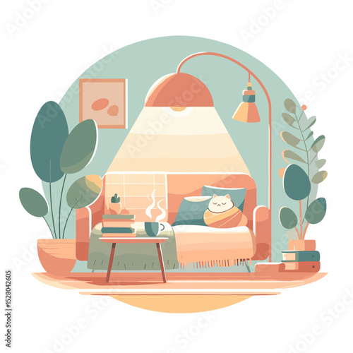 Floor lamp illuminating a cozy living room with a relaxed atmosphere and a cute cat