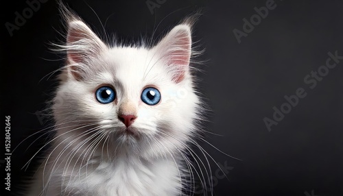 Cute white-furred kitten isolated on a dark background looking at the camera. Eye contact, the kitten stares intently. Copy space. IA