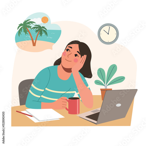 Happy woman at workplace dreams of a vacation in the office. Vector flat style cartoon illustration