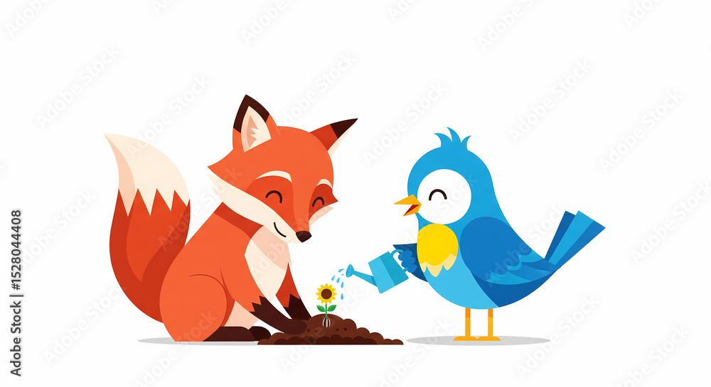 Obraz premium Cute Fox and Bird Planting Sunflower - Nature Gardening