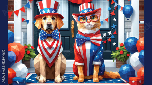 Patriotic Pets, A dog and a cat both wearing American flag-themed accessories, in low poly style