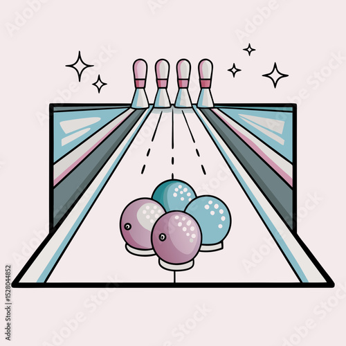 Bowling alley with colorful balls and pins on a light background  