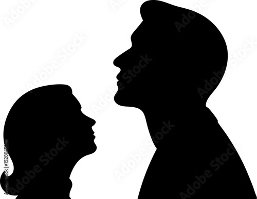 Silhouette of a man and woman looking at each other, profile view, black and white, romantic, intimate