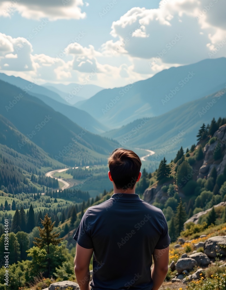 Naklejka premium man observing majestic nature in a generative ai artwork, top view of man gazing at a beautiful natural landscape, with ample copy space at the bottom for text.