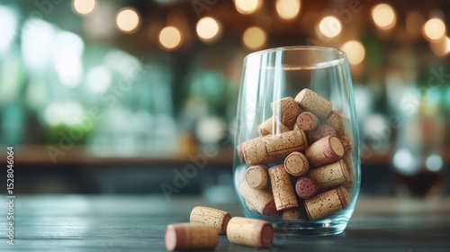 This artistic image features a glass filled with wine corks set on a rustic wooden table, highlighting the beauty of wine culture and the artistry of natural materials.