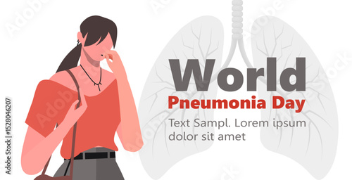  World Pneumonia Day. Young woman in casual clothes feeling unwell, chest pain and coughing as symptom for cold, bronchitis or pneumonia. Vector illustration Not AI generated