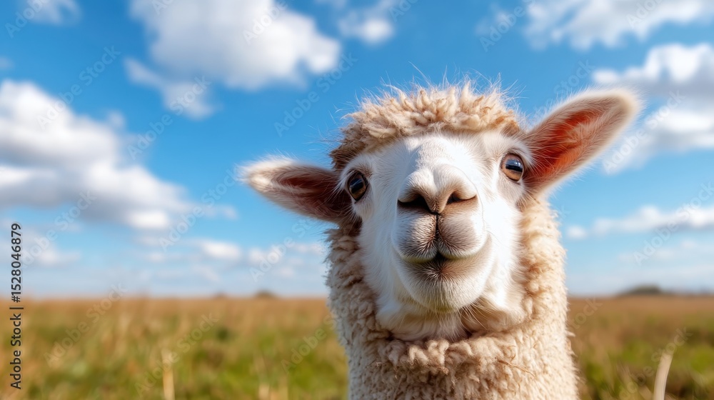 Obraz premium A close-up of a joyful sheep standing in a field under vibrant blue skies, showcasing its playful demeanor and the beauty of nature in an idyllic environment.