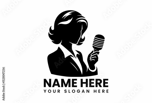 Professional black silhouette vector logo of a female reporter holding a microphone ready for an interview. Journalism concept