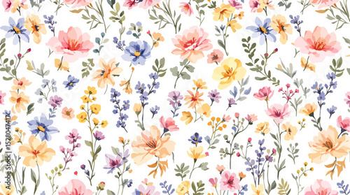 Beautiful vector seamless floral pattern with watercolor hand drawn gentle summer flowers