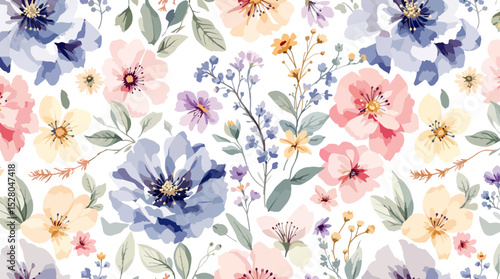 Beautiful vector seamless floral pattern with watercolor hand drawn gentle summer flowers