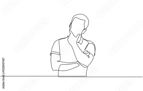 Continuous one line drawing of businessman thinking with his hand on his chin, Crossing left arm,right hand touching at chin. Man pose thinking in single line draw illustration. Editable stroke.