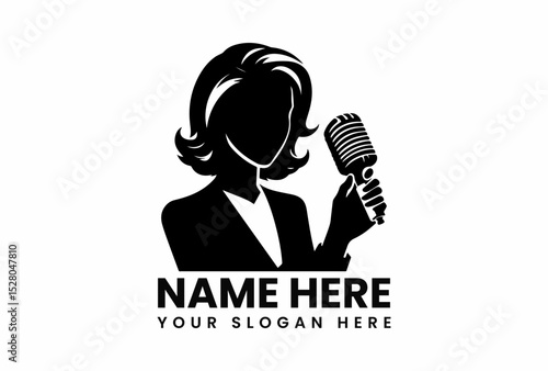 Professional black silhouette vector logo of a female reporter holding a microphone ready for an interview. Journalism concept