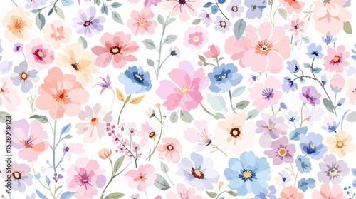 Beautiful vector seamless floral pattern with watercolor hand drawn gentle summer flowers