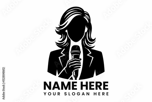 Minimalist black vector logo design featuring female journalist holding microphone ready for news interview  