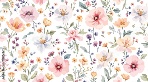 Beautiful vector seamless floral pattern with watercolor hand drawn gentle summer flowers