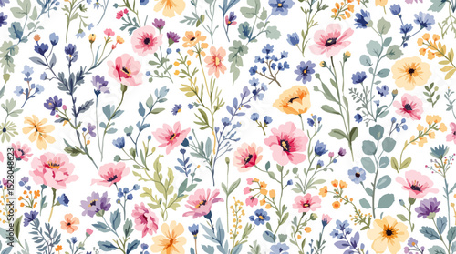 Beautiful vector seamless floral pattern with watercolor hand drawn gentle summer flowers