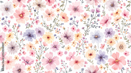 Beautiful vector seamless floral pattern with watercolor hand drawn gentle summer flowers