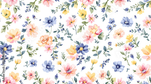 Beautiful vector seamless floral pattern with watercolor hand drawn gentle summer flowers
