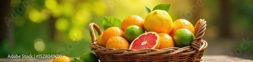 A overflowing basket brimming with various free citrus fruits, including lemons, limes, oranges, and grapefruits, bathed in sunlight , wooden, natural