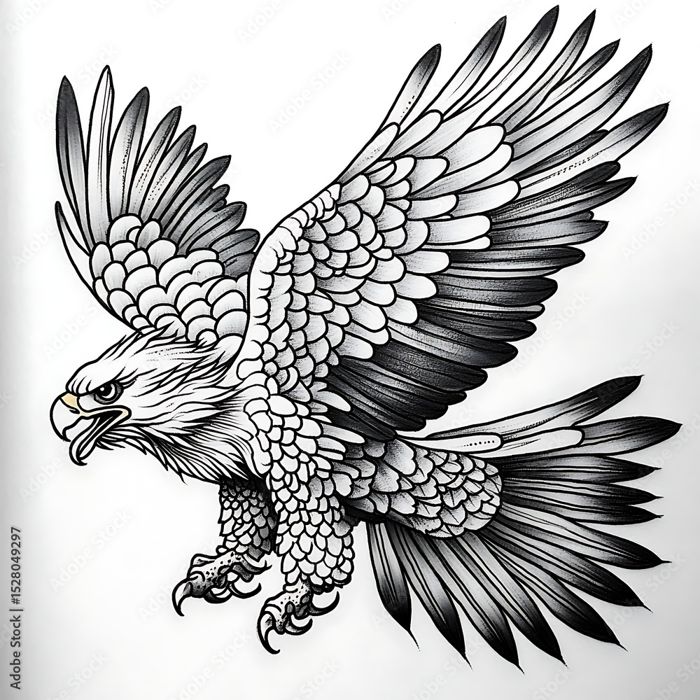 Obraz premium Traditional eagle tattoo with aggressive expression and flower element in retro American vintage tattoo style