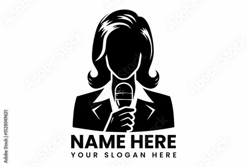 Stylized black silhouette vector logo of professional reporter with microphone for media and journalism industry  