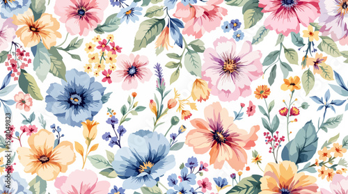 Beautiful vector seamless floral pattern with watercolor hand drawn gentle summer flowers