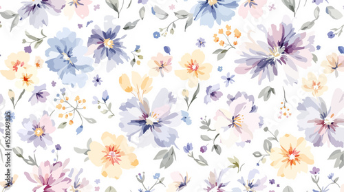 Pastel Floral Seamless Pattern Watercolor Flowers Isolated on Transparent Background, Floral Design, Botanical Illustration, Flowers