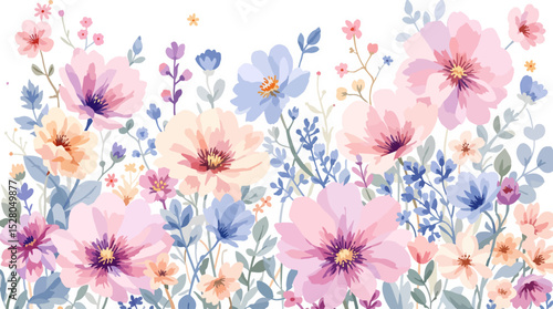 Colorful watercolor flowers seamless pattern transparent background	