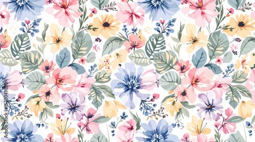Colorful watercolor flowers seamless pattern transparent background	