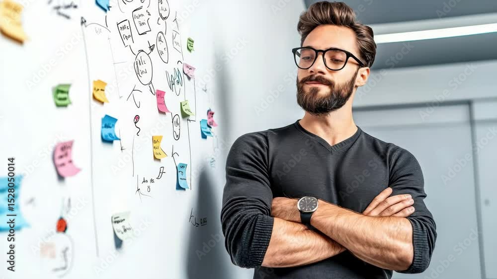 A thoughtful man with glasses analyzing creative ideas on a board, representing innovation and teamwork in a modern workspace. A thoughtful man with glasses analyzing creative ideas on a board, representing innovation and teamwork in a modern workspace.