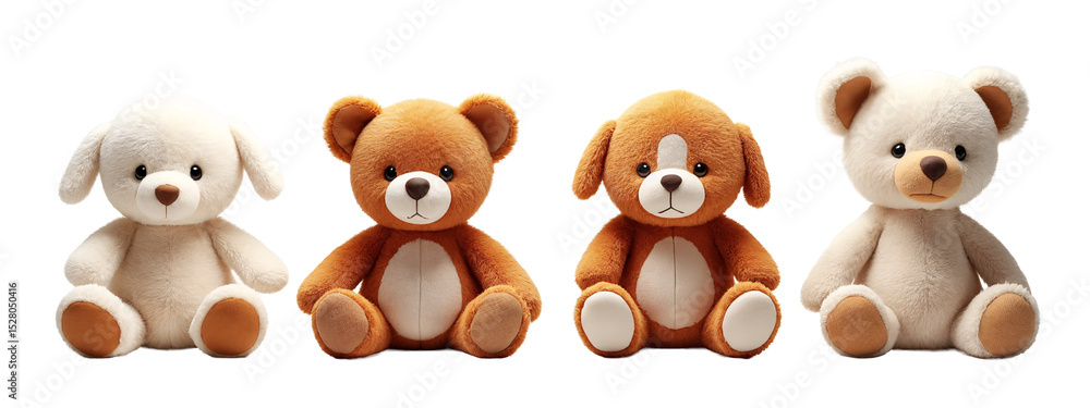 Fototapeta premium A row of four teddy bears sitting next to each other.