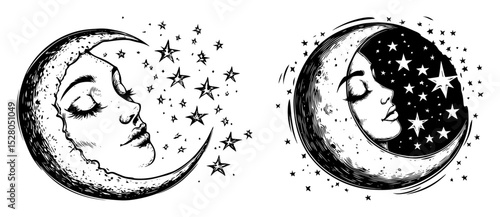 moon with female face and stars illustration