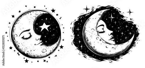 moon and star woman face vintage vector